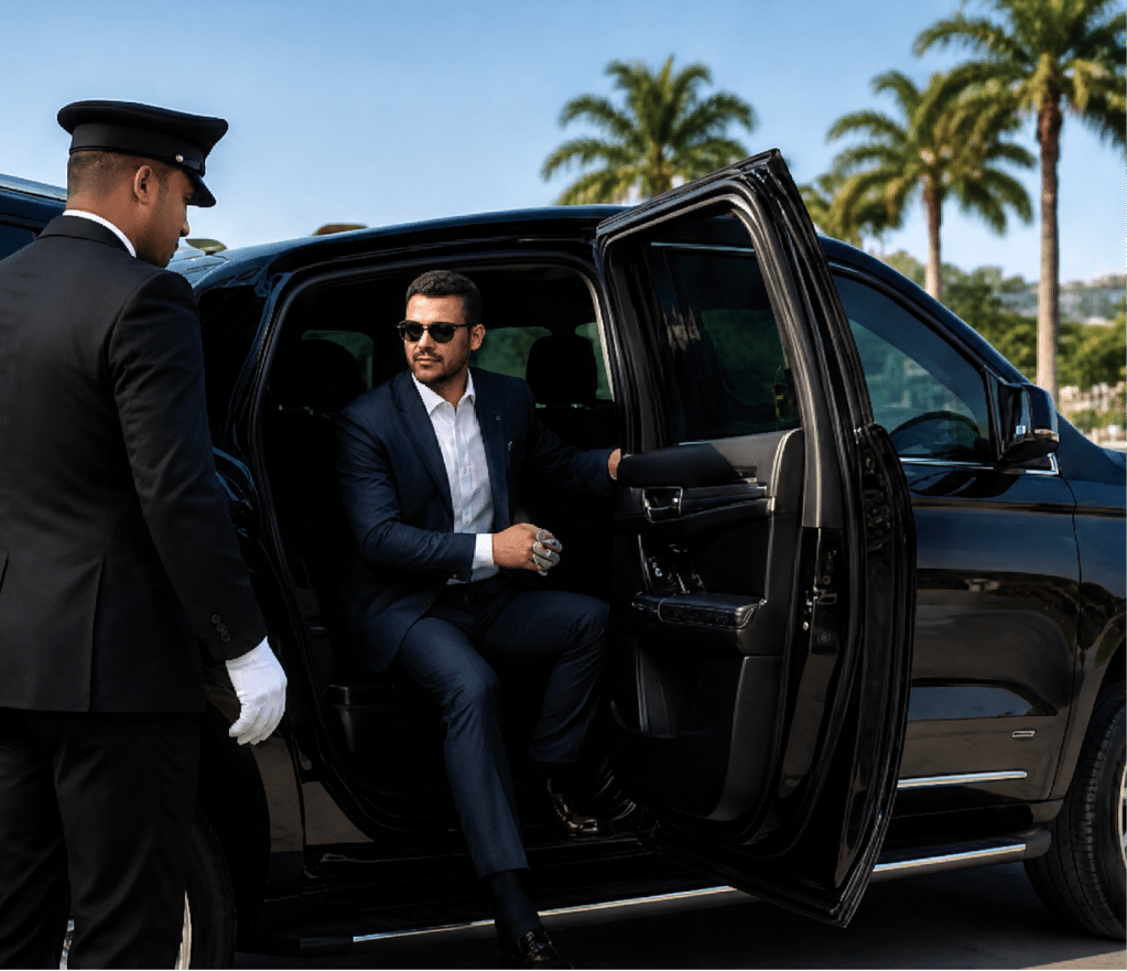 Cliente siendo recibido por un chofer profesional al abordar una SUV de lujo para servicio de transportación privada en Puerto Rico.