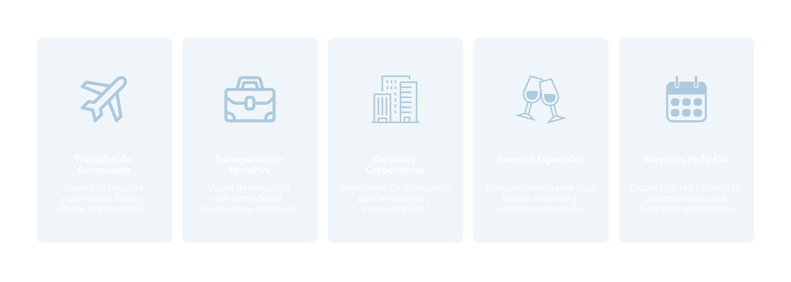 Tarjetas de servicios de transporte privado de AC Premier Chauffeur con opciones de traslados al aeropuerto, transporte ejecutivo, servicios corporativos, eventos especiales y servicios multi-día.